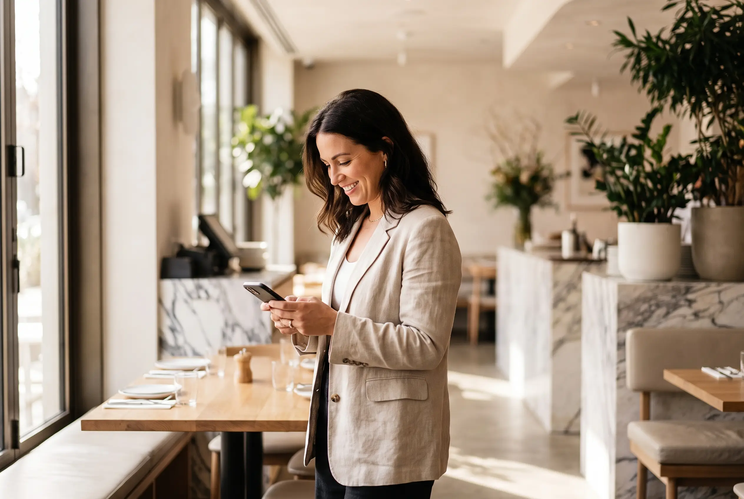 Titolare di ristorante che risponde ai lead da smartphone